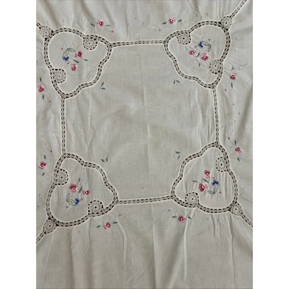 Vintage Hand Embroidered Floral Cottage Core Cotton Tablecloth 42x40 Square Ecru